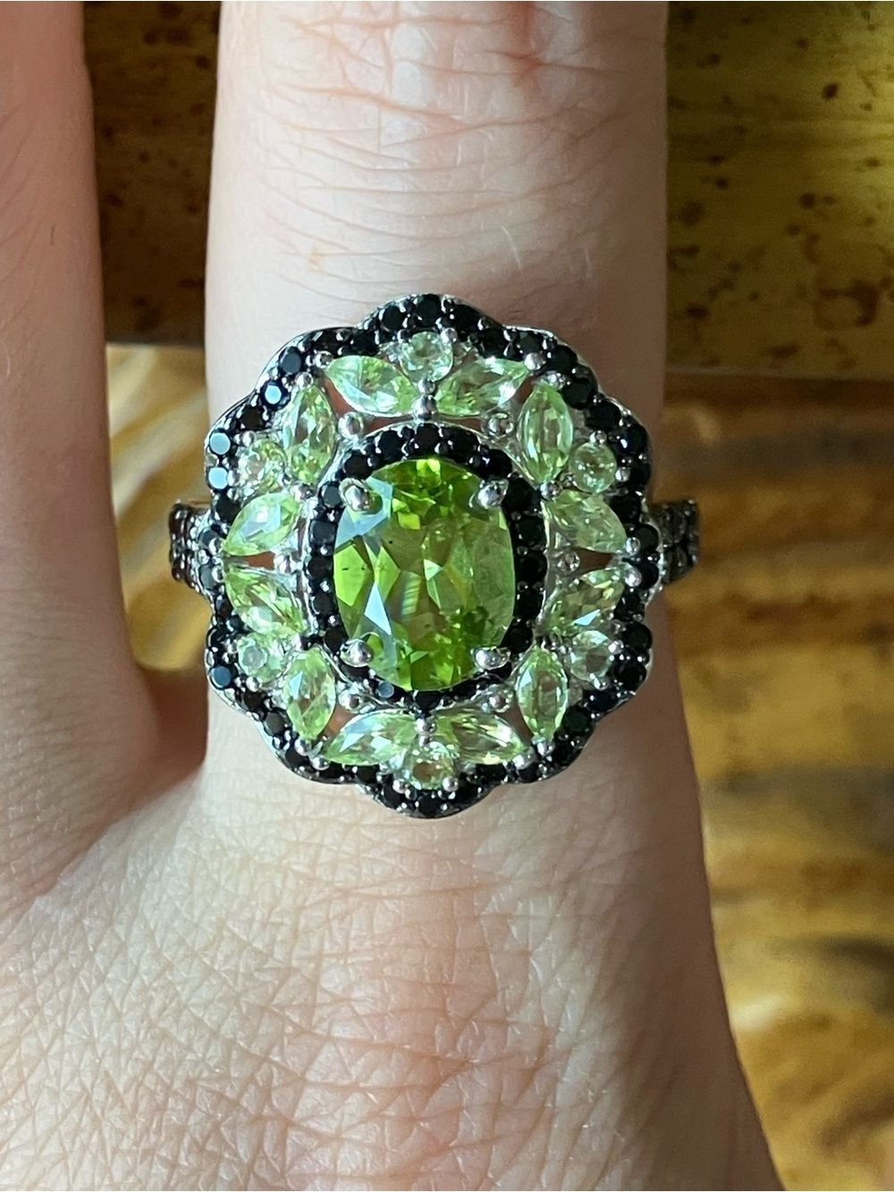 Natural Peridot Black Spinel Sterling Silver Ring Size 9